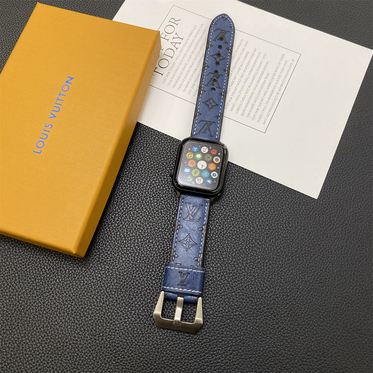 Leather Monogram Apple Watch Bands Leather Blue-YH24422