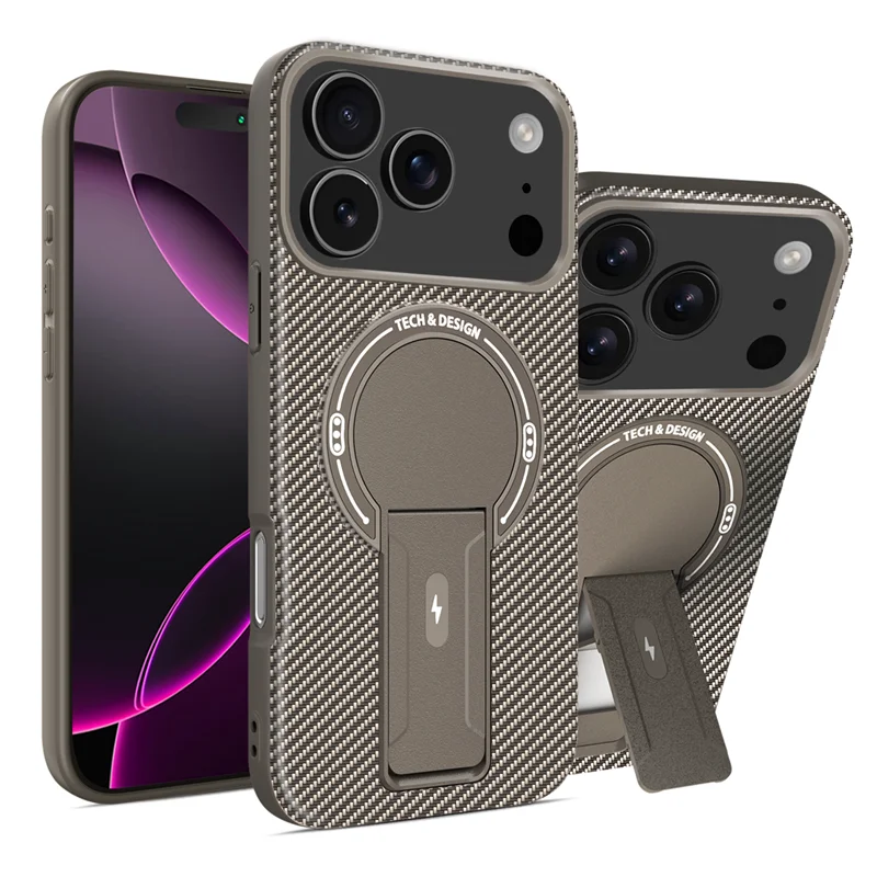 Magnetic Carbon Fiber Texture Bracket Phone Case Wireless Charging Shockproof Cover For iPhone 17 /16 /15 /14