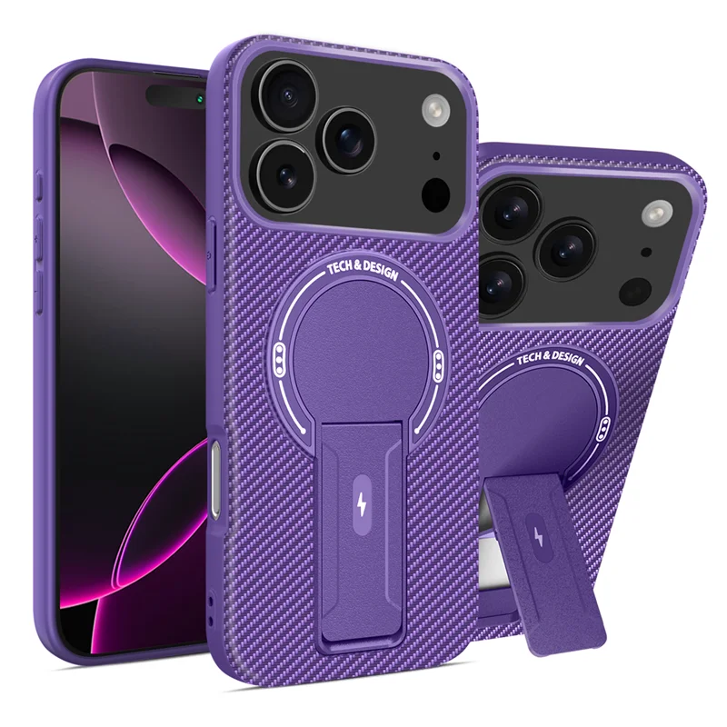 Magnetic Carbon Fiber Texture Bracket Phone Case Wireless Charging Shockproof Cover For iPhone 17 /16 /15 /14