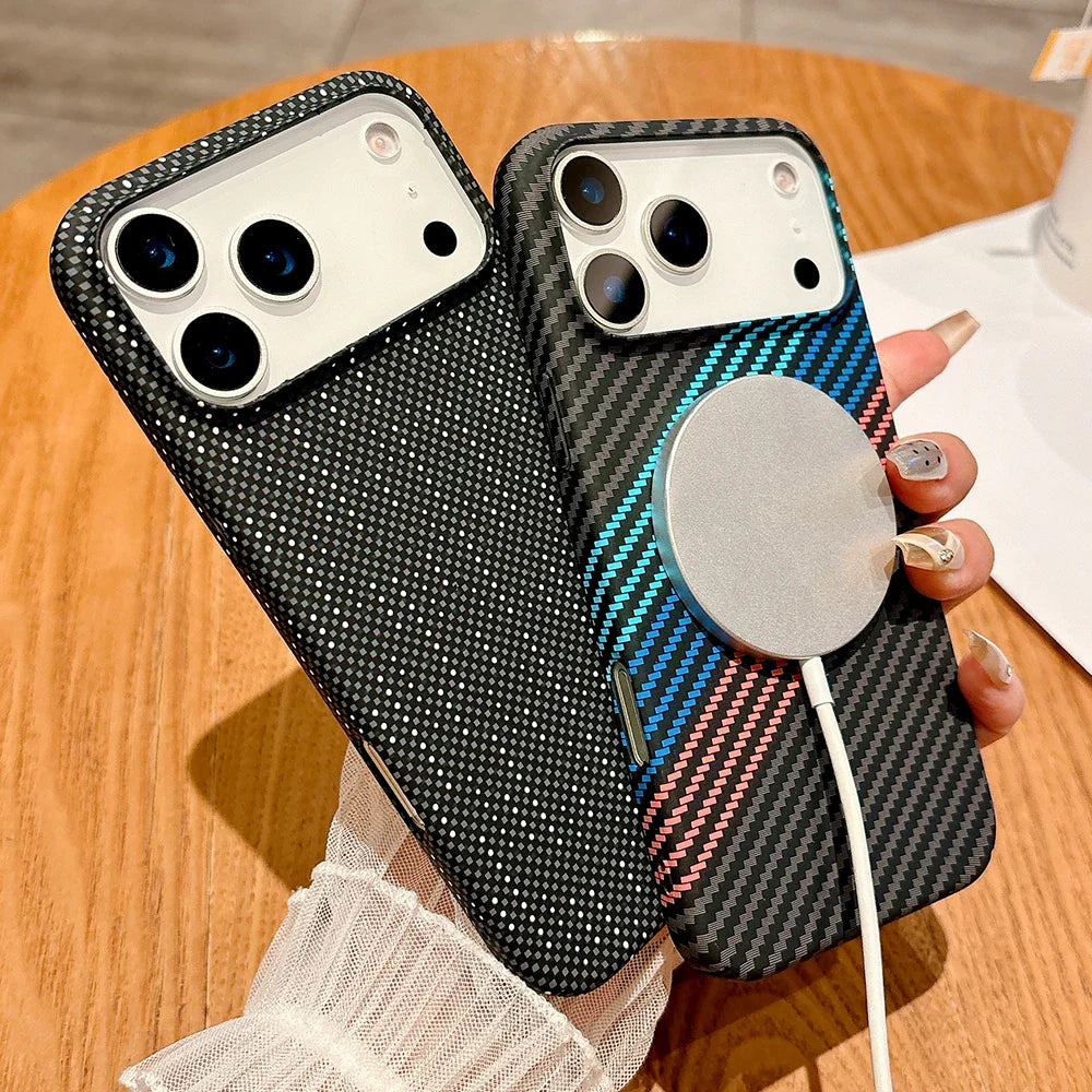 Luxury carbon fibre magsafe charging phone case for iPhone 17/16/15