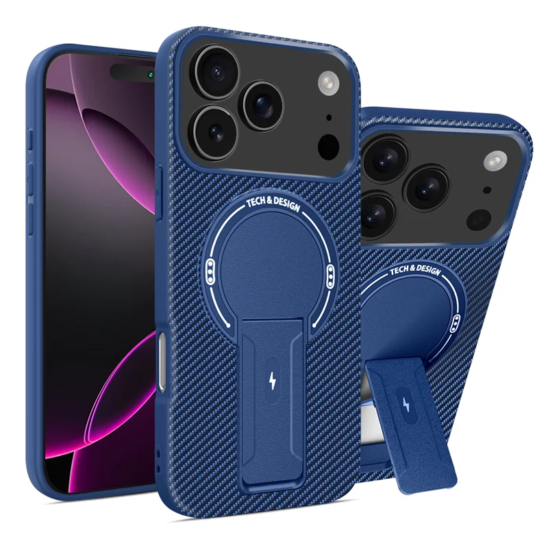 Magnetic Carbon Fiber Texture Bracket Phone Case Wireless Charging Shockproof Cover For iPhone 17 /16 /15 /14