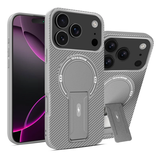 Magnetic Carbon Fiber Texture Bracket Phone Case Wireless Charging Shockproof Cover For iPhone 17 /16 /15 /14